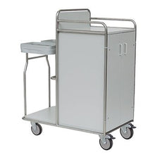 The Novocal station cart features a fully welded stainless steel frame, four wheels, a double-door cabinet, a top tray, and a side handle - ideal for transporting medical supplies.