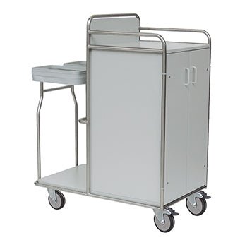 The Novocal station cart features a fully welded stainless steel frame, four wheels, a double-door cabinet, a top tray, and a side handle - ideal for transporting medical supplies.
