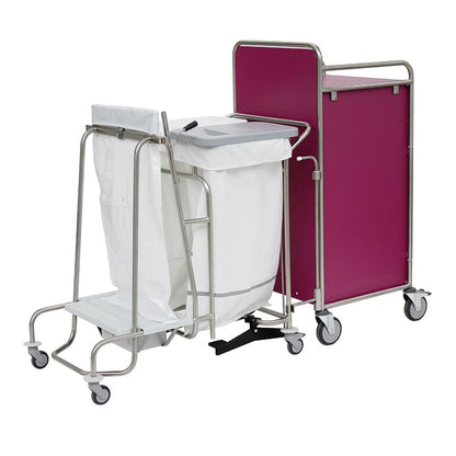 The Novocal station cart features a chestnut brown paneling, a fully welded stainless steel frame, wheels, and a white plastic bag holder with a lid - perfect for efficient waste or laundry collection in healthcare.