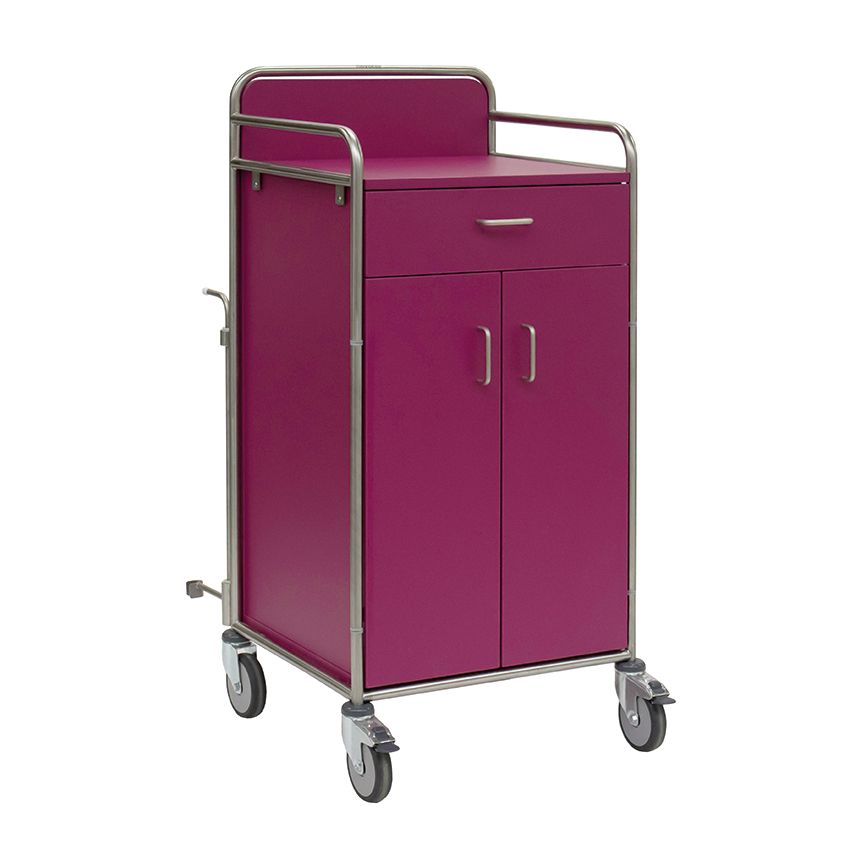 The Novocal station cart with a stainless steel frame, an upper drawer, two lower doors, and four swivel casters is ideal for hospitals. It is colored in violet, features fully welded round tube connections, and is depicted on a plain white background.