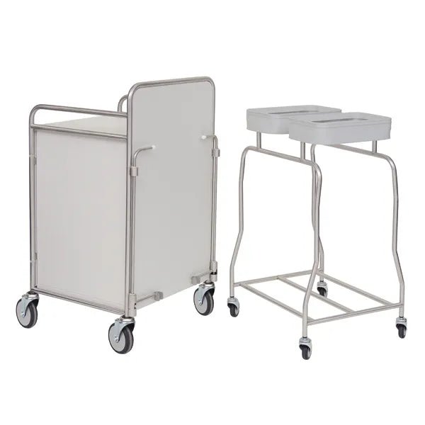 A Novocal shelving basic unit made of precision-nickel-plated, high-gloss chrome steel with 4 corner posts stands next to a two-bin hamper, both ideal for durable storage in healthcare or laundry operations.