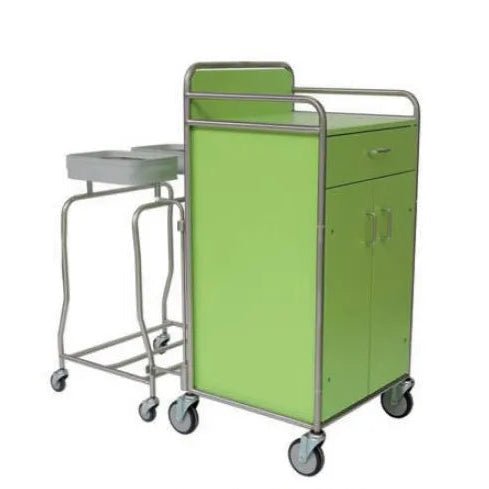 A Novocal station cart with a drawer and double-door cabinet stands next to a waste stand with two metal containers. Both have stainless steel frames, fully welded round tube connections, and wheels - ideal for medical facilities against a white background.