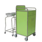 A Novocal station cart with a drawer and double-door cabinet stands next to a waste stand with two metal containers. Both have stainless steel frames, fully welded round tube connections, and wheels - ideal for medical facilities against a white background.