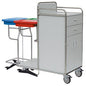 The Novocal station trolley features a stainless steel frame with fully welded round tube connections, two waste bins with foot pedal (red and green lid), drawers, a cabinet, and wheels - ideal for any medical facility. Package: 1 piece.