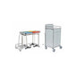 A Novocal stainless steel station wagon with welded pipe connections stands next to a white, mobile medical cabinet-practical for clinics or hospitals.