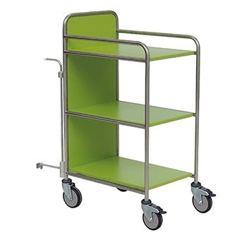 The Novocal station cart features a fully welded stainless steel frame with three shelves, four steering casters, and a side handle - perfect for use in hospitals. Delivered as 1 package (1 piece).