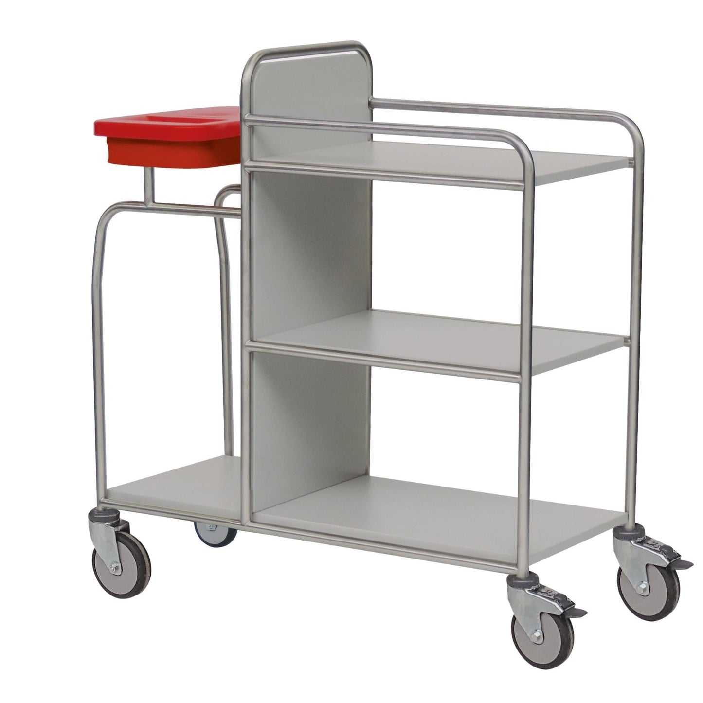 The durable Novocal station cart made of stainless steel with three shelves, four wheels, and a red plastic container on the top left is empty and depicted on a white background. All pipe connections are welded all around.