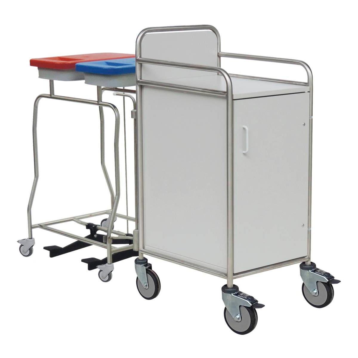 The Novocal station trolley features a stainless steel frame with fully welded joints, four wheels, a white cabinet with handle and door, as well as two rear waste bins - one with a red lid and one with a blue lid - ideal for care facilities.