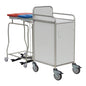 The Novocal station trolley features a stainless steel frame with fully welded joints, four wheels, a white cabinet with handle and door, as well as two rear waste bins - one with a red lid and one with a blue lid - ideal for care facilities.