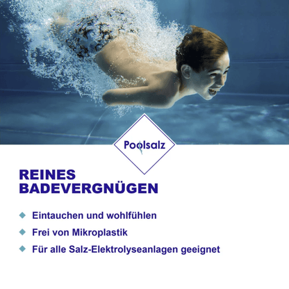 A young woman swims underwater in a clear, blue pool and looks happy. The text above reads "Salinen pool salt pure evaporated salt without anti-caking agents | Bag (25 kg)" and below are German sentences about the benefits of salt for pools. Brand name: Salinen Austria AG
