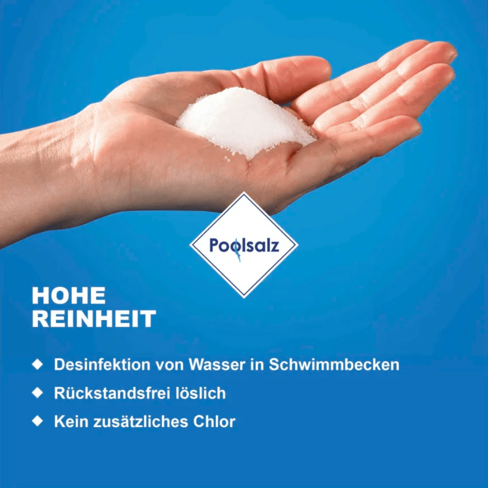 An open hand holds a pile of white Salinen pool salt, pure evaporated salt without anti-caking agents, labeled "high purity," suggesting high purity. Bullet points mention that it is completely residue-free soluble and chlorine-free in swimming pools. The Salinen Austria AG.