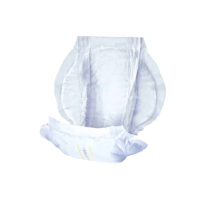An image of an open, unused adult diaper with side panels and elastic leg cuffs for optimal wearing comfort. The San Seni Prima Incontinence Pad | Pack (30 pieces) from TZMO Deutschland GmbH is white with a light blue and yellow stripe in the middle, indicating the absorption area for bladder weakness.