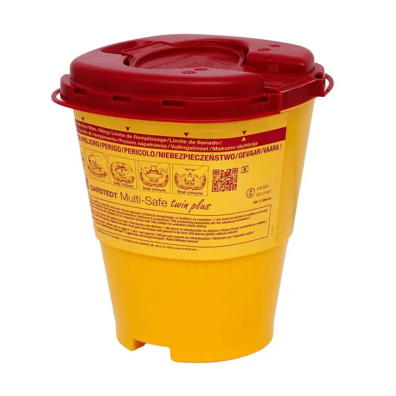 Yellow Multi-Safe twin plus disposal container for cannulas with a red lid, equipped with warning notices and multilingual instructions for use for Meditrade GmbH.
