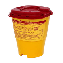 Yellow Multi-Safe twin plus disposal container for cannulas with a red lid, equipped with warning notices and multilingual instructions for use for Meditrade GmbH.