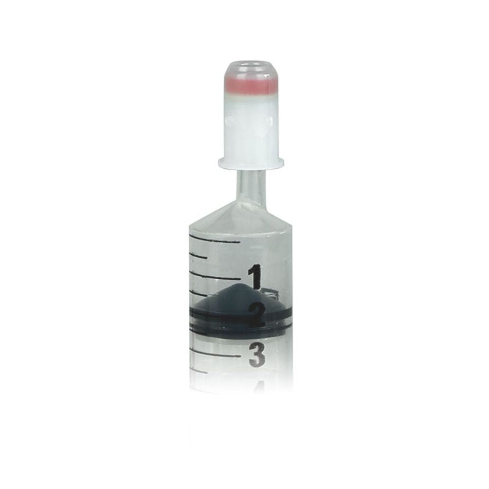 A Sarstedt membrane adapter for Luer systems, consisting of a small transparent plastic bottle with a red cap, contains a black liquid and is labeled with the numbers 1, 2, and 3. The sterile product is depicted on a plain white background. Package contains 100 pieces.