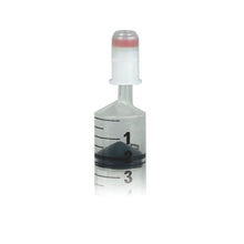 A Sarstedt membrane adapter for Luer systems, consisting of a small transparent plastic bottle with a red cap, contains a black liquid and is labeled with the numbers 1, 2, and 3. The sterile product is depicted on a plain white background. Package contains 100 pieces.