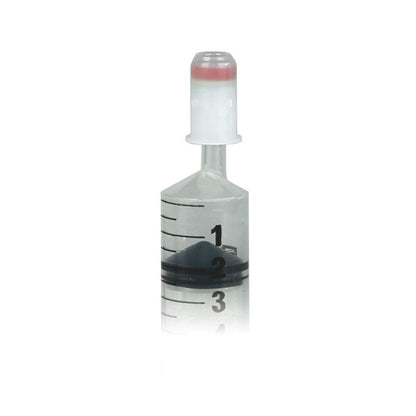 A Sarstedt membrane adapter for Luer systems, consisting of a small transparent plastic bottle with a red cap, contains a black liquid and is labeled with the numbers 1, 2, and 3. The sterile product is depicted on a plain white background. Package contains 100 pieces.