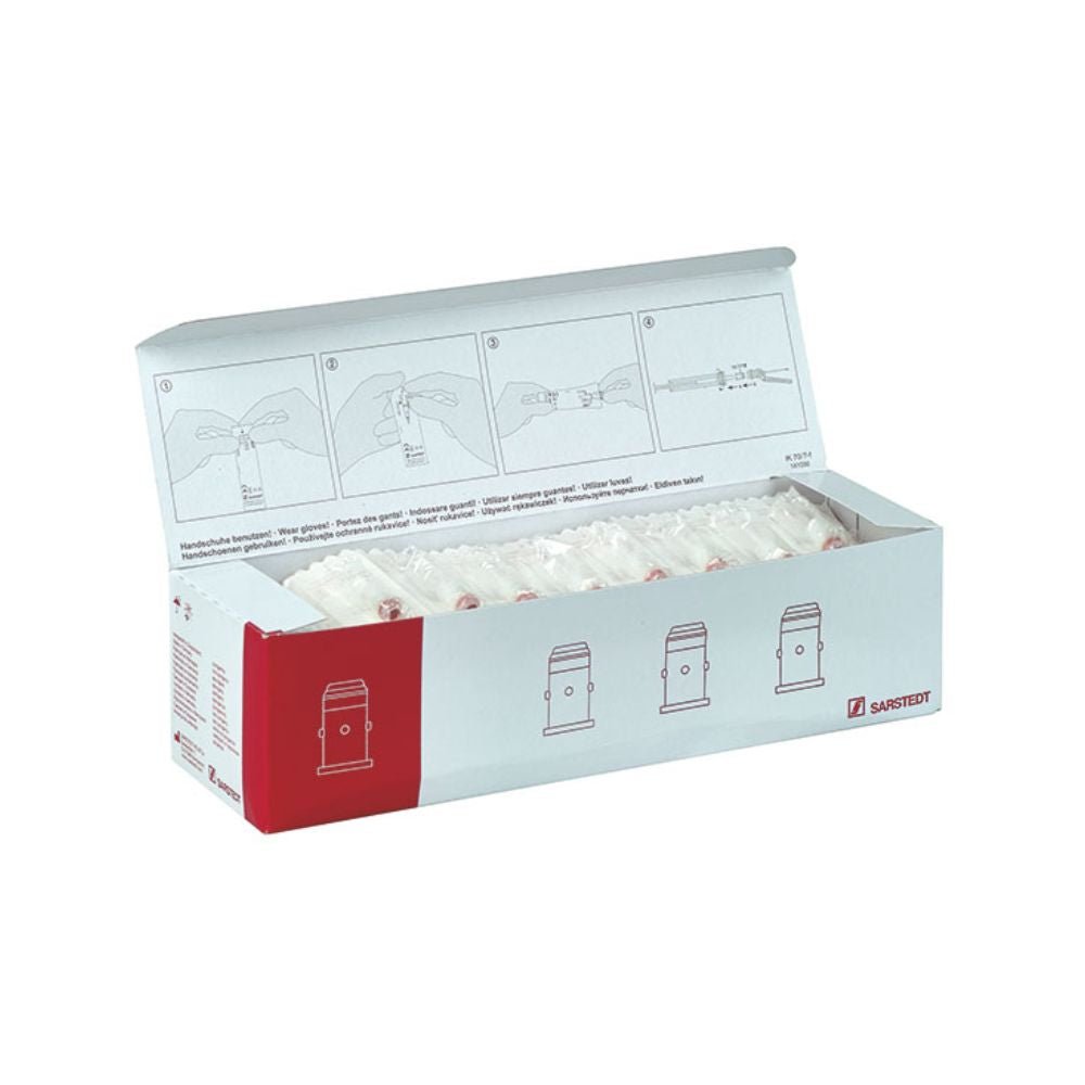The image shows an open box of Sarstedt membrane adapters for Luer systems (100 pieces). The view focuses on the individually packaged adapters. There is an instruction manual on the top flap. The brand name 'Sarstedt' is clearly visible.