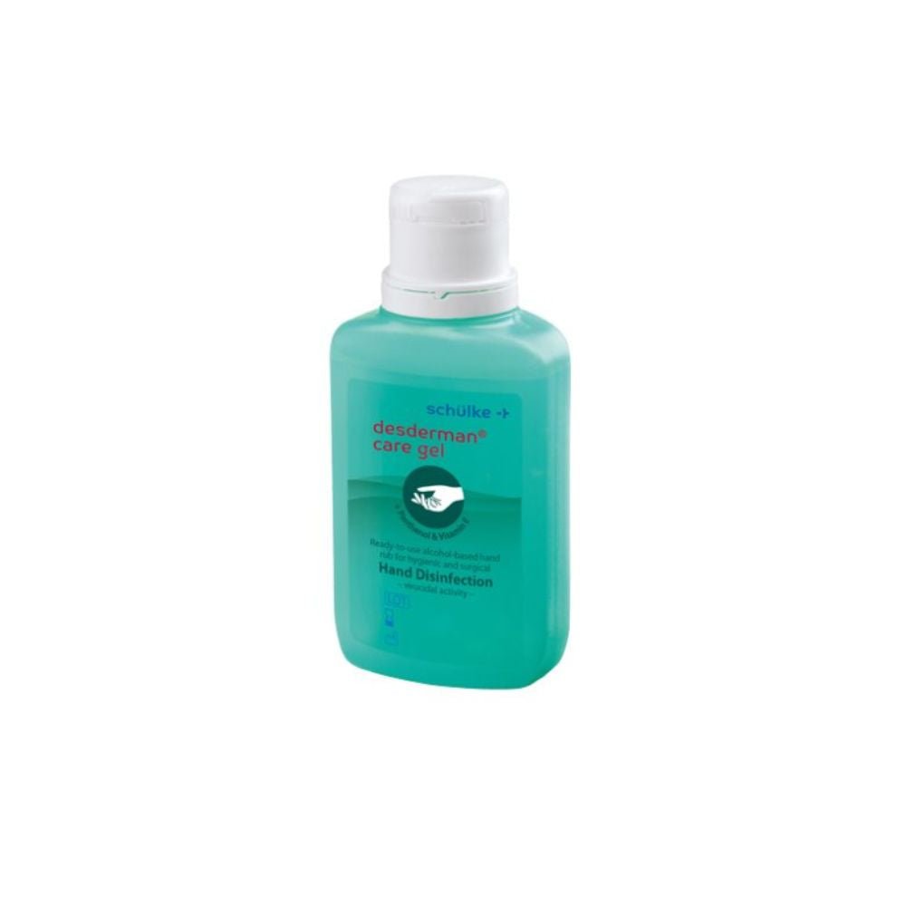 The small transparent bottle of Schülke desderman® care gel from Schülke & Mayr GmbH contains green, VAH-certified disinfectant gel. The white flip-top cap allows for easy application in hygienic and surgical hand disinfection.