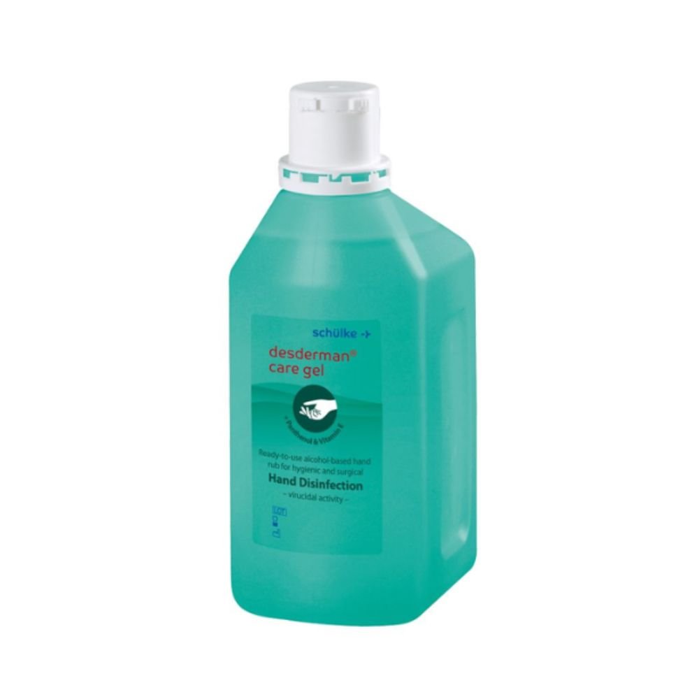 A green, rectangular bottle with a white cap contains Schülke desderman® care gel from Schülke & Mayr GmbH for hygienic and surgical hand disinfection. The bottle is equipped with symbols and instructions for use and is VAH-certified.