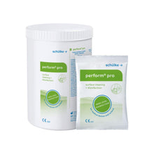 A white cylindrical container and bag labeled “Schülke perform® pro surface disinfection, powder by Schülke & Mayr GmbH” with symbols for high efficacy disinfection and material compatibility.