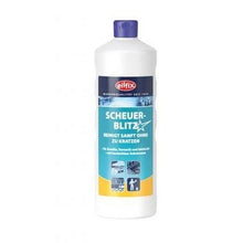 A white 1-liter plastic bottle Becker eilfix Scheuerblitz of Stern Waschmittel GmbH with a blue-yellow label, purple cap, and German product information for gentle, scratch-free cleaning of bathroom and kitchen.