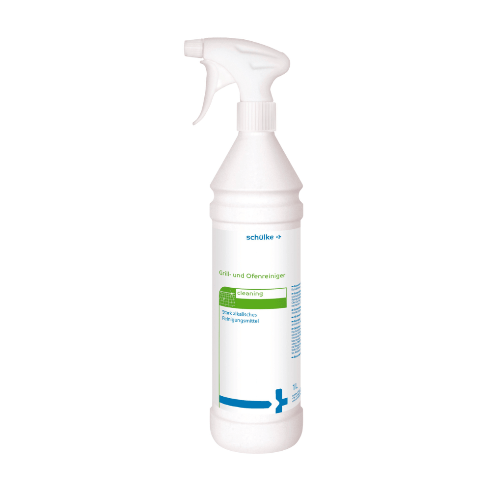 A white plastic spray bottle with the inscription "Schülke & Mayr GmbH" and green and blue text, indicating that it is a "Schülke Grill and Oven Cleaner | Bottle (1 l)", a strong alkaline cleaner for grills and ovens in the food industry. The bottle has a spray nozzle and a capacity of 1 liter.