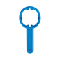 A blue plastic wrench with a round opening at one end and four notches in a circle. The handle is flat and elongated and has a small hole at the end. This sturdy tool is perfect for opening canisters and is therefore indispensable for anyone using a Schülke & Mayr GmbH Schülke canister key for 5 + 10 l canisters | Pack (1 piece).