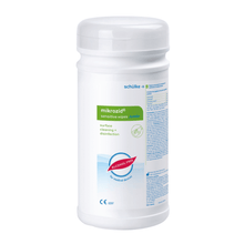 White cylindrical container with "Schülke Mikrozid® sensitive wipes jumbo" for surface cleaning and disinfection, labeled as alcohol-free disinfectant wipes with detailed information and branding of Schülke & Mayr GmbH.