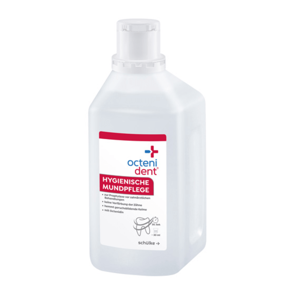A bottle of Octenident® mouthwash from Schülke & Mayr GmbH with labels in German indicating hygienic oral care. The bottle is clear, contains a light blue liquid, and has a white label with red and blue accents.