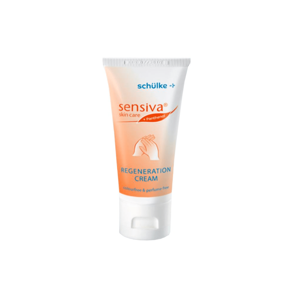 Pictured is a 50 ml bottle of "Schülke Sensiva® Regeneration Cream" from Schülke & Mayr GmbH. The design with a white base color and orange gradient, along with hand graphics, emphasizes the dermatologically tested, dye- and fragrance-free formula that provides intensive moisture for the skin.