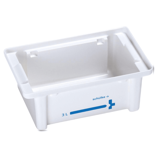 The Schülke Tub System 3 Liters from Schülke & Mayr GmbH is a rectangular white plastic container with handles on the shorter sides, designed for medical and laboratory applications. It features a blue scale on one side indicating a capacity of 3 liters, and next to it is printed "schülke +". This makes it ideal for instrument preparation in the Schülke Tub System.