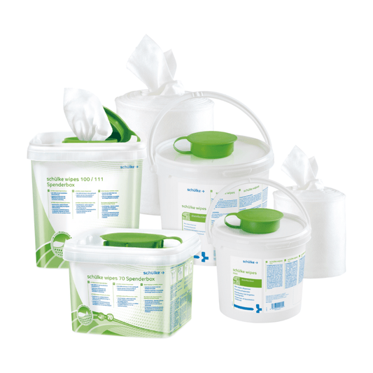 Various containers and dispensers from Schülke & Mayr GmbH schülke wipes wet wipes for surface disinfection, including surface disinfectant buckets, cans, and refill packs on a white background. Each container has a