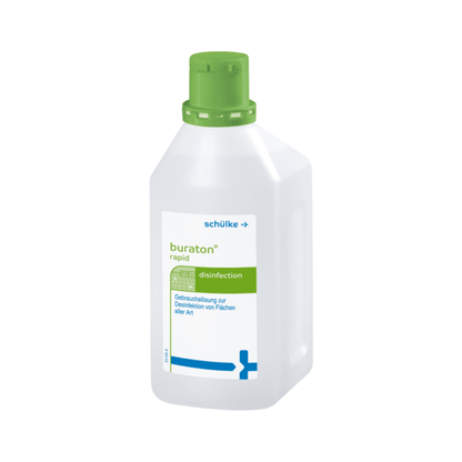 A white plastic bottle with a green cap, labeled "Schülke buraton® rapid quick disinfection preparation." The label contains blue text and graphics, indicating its use for surface disinfection in the food sector.