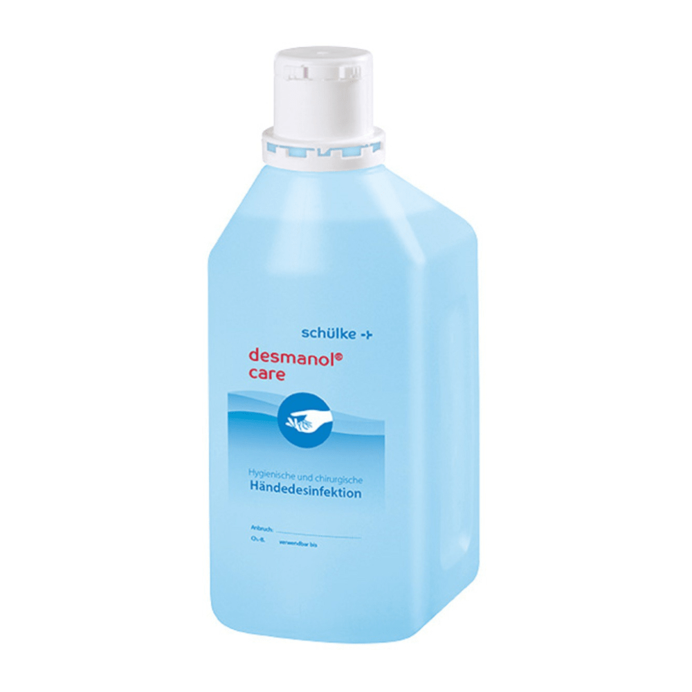 A bottle of Schülke desmanol® care hand disinfectant from Schülke & Mayr GmbH with a white cap and a blue label, prominently displaying the product name and application information for hygienic and surgical hand disinfection.