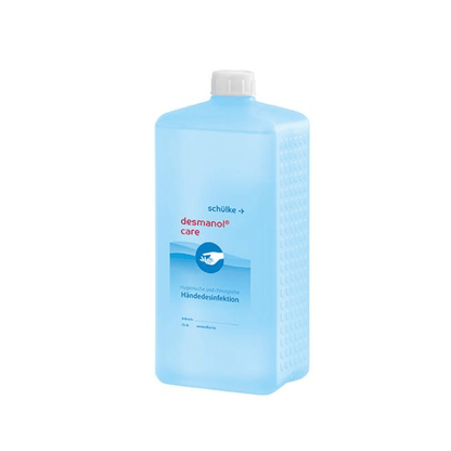 A blue bottle of Schülke desmanol® care hand disinfectant from Schülke & Mayr GmbH with the brand logo and product details on the label. The bottle has a white cap and stands in front