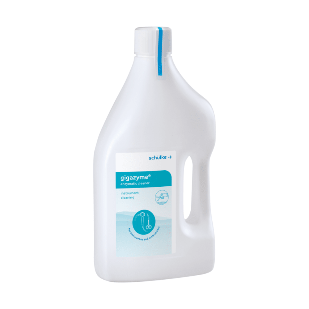 A 2-liter bottle made of white plastic from Schülke & Mayr GmbH with a blue cap and carrying handle bears the inscription “Schülke gigazyme®, enzymatic cleaner” and is adorned with a scissors and brush graphic for instrument cleaning.