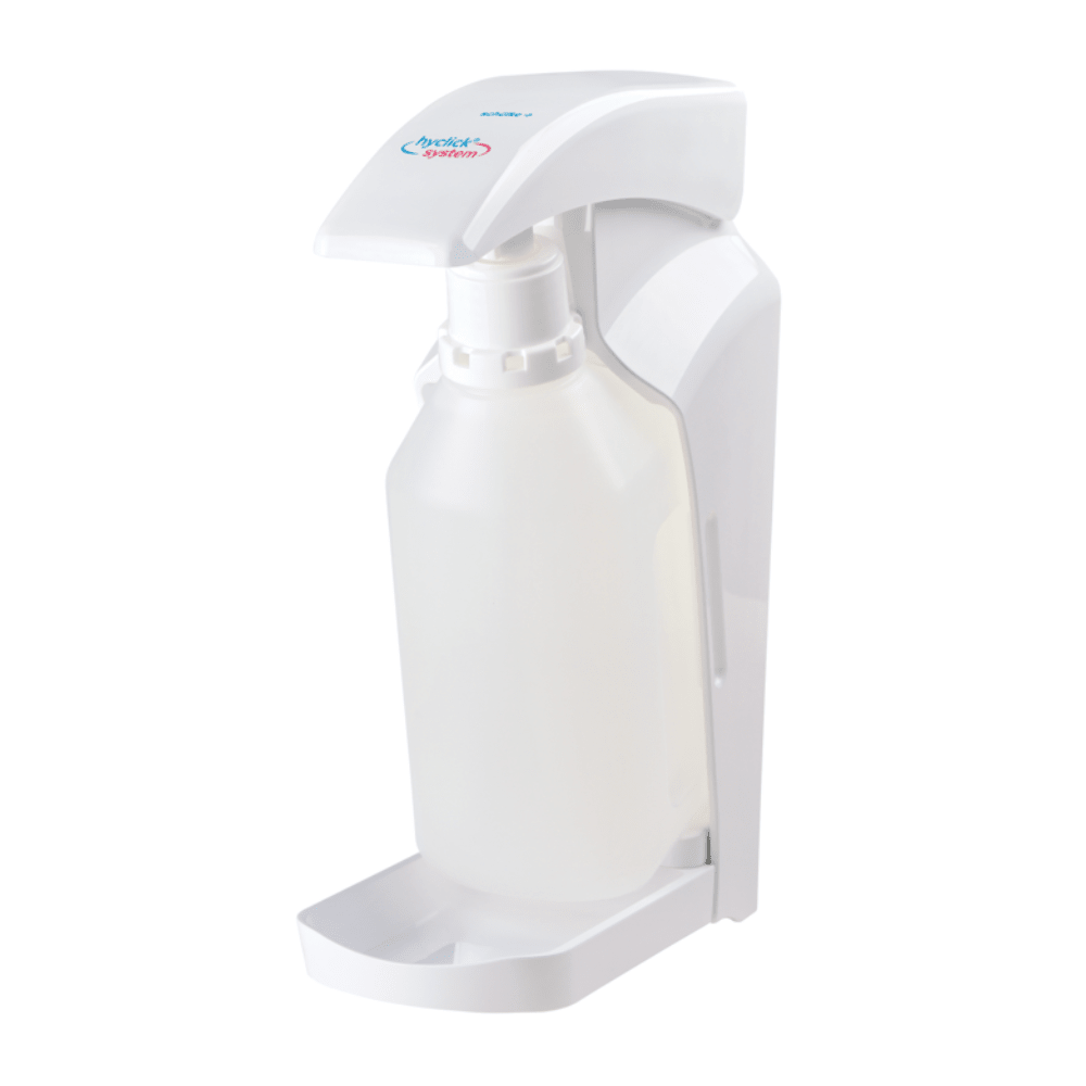 An automatic hand sanitizer dispenser with Schülke hyclick® system featuring a white plastic housing and a touchless sensor, with a labeled nozzle attached to the top. The device is designed for use in hygiene care and is compatible with Schülke & Mayr GmbH.