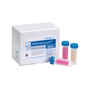 The image shows a box labeled “Schülke mikrocount® duo, germ indicator | Pack (20 pieces)” from the brand “Schülke & Mayr GmbH” next to three color-coded tubes with blue caps. The tubes contain pink and beige substances used to detect microorganisms on surfaces and in liquids, including yeasts and molds.