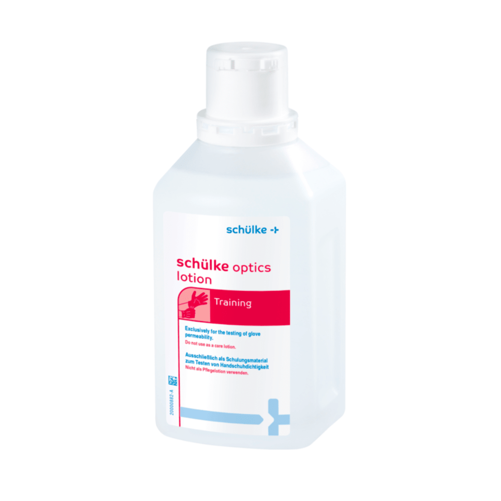 On a flawlessly white background, there is a slightly tilted white bottle with the inscription “Schülke optics lotion, UV glove control | Bottle (500 ml)” from Schülke & Mayr GmbH. It features a blue cross symbol and an English/German text, and the cap is tightly closed, indicating effectiveness even under UV light.