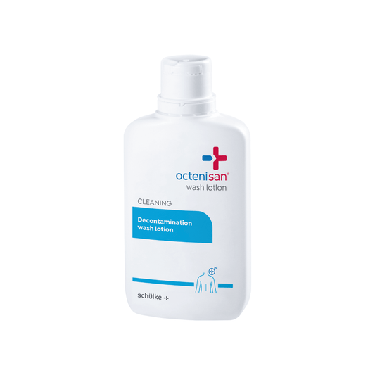 A white plastic bottle of Schülke Octenisan Wash Lotion from Schülke & Mayr GmbH with a flip cap. The blue-accented label describes the antiseptic skin cleansing solution for medical facilities.
