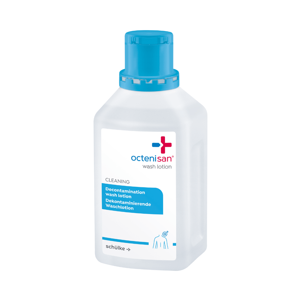 A clear plastic bottle of Schülke Octenisan Wash Lotion from Schülke & Mayr GmbH with a blue cap and bilingual label stands upright on a white background, ideal for antiseptic skin cleansing and hygienic body care.