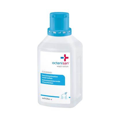 A clear plastic bottle of Schülke Octenisan Wash Lotion from Schülke & Mayr GmbH with a blue cap and bilingual label stands upright on a white background, ideal for antiseptic skin cleansing and hygienic body care.