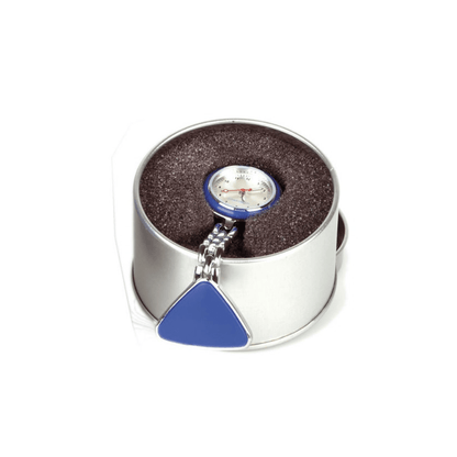 An Altruan nurse watch with clip & chain, with a metal frame and blue triangle, is embedded in a round, dark brown, foam-lined metal box.