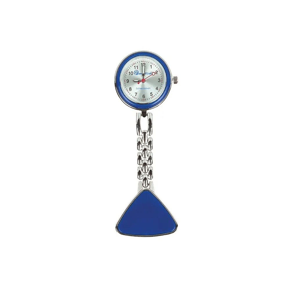 The Altruan nurse watch with clip & chain features a round analog design, a white dial, blue accents, and a triangular blue piece. Black and red hands contrast with the visible numbers, providing a practical and simple look ideal for caregivers.
