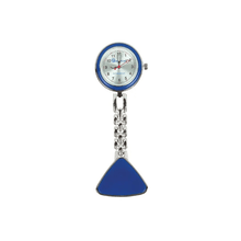 The Altruan nurse watch with clip & chain features a round analog design, a white dial, blue accents, and a triangular blue piece. Black and red hands contrast with the visible numbers, providing a practical and simple look ideal for caregivers.