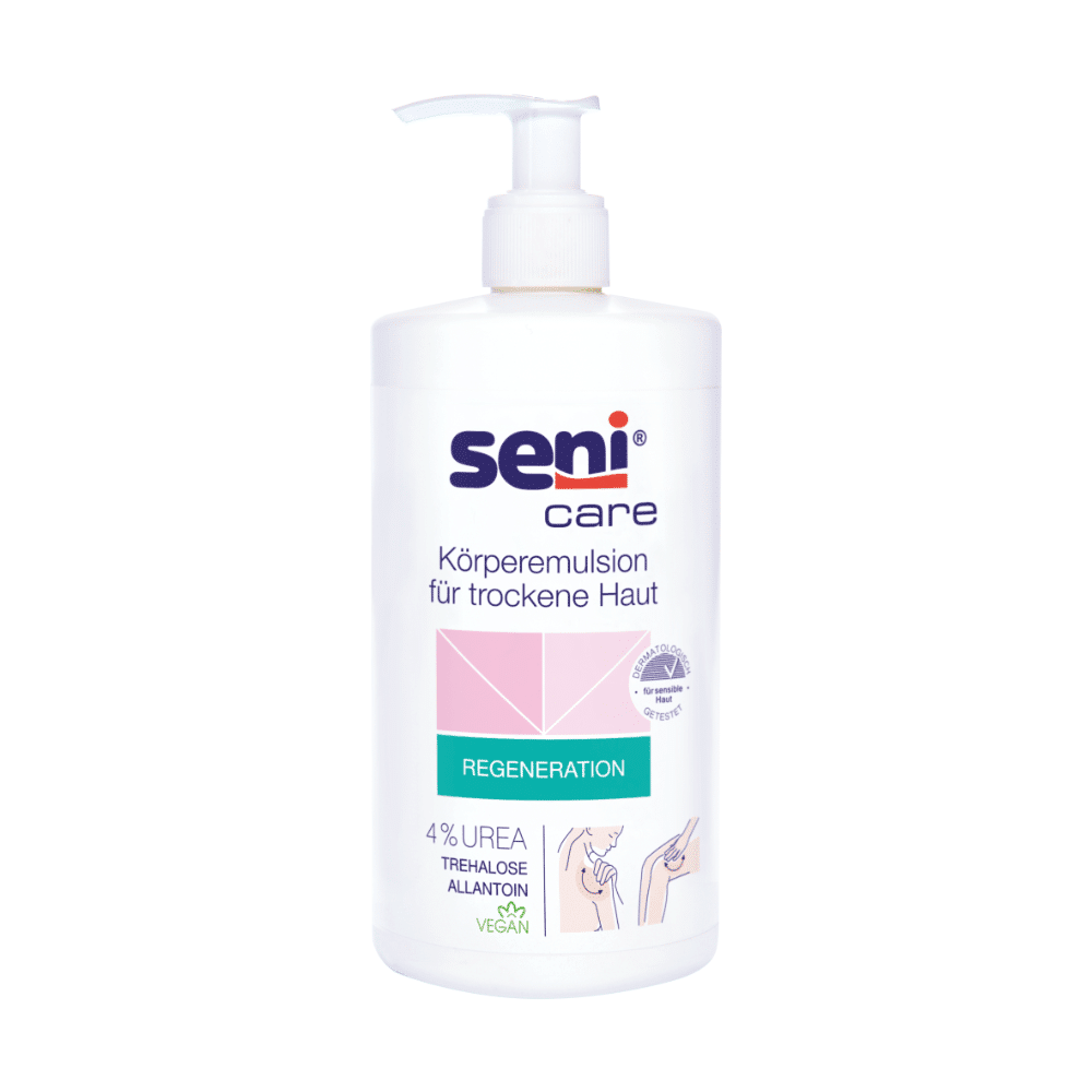 The 500 ml tube of Seni Care body lotion for dry skin by TZMO Deutschland GmbH contains 4% urea, trehalose, and allantoin to provide deep hydration to dry skin. This vegan formula is labeled in German and features a pump dispenser for easy application.