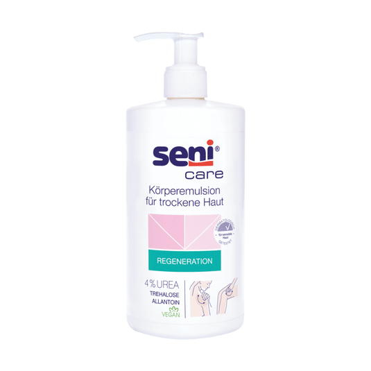 The 500 ml tube of Seni Care body lotion for dry skin by TZMO Deutschland GmbH contains 4% urea, trehalose, and allantoin to provide deep hydration to dry skin. This vegan formula is labeled in German and features a pump dispenser for easy application.