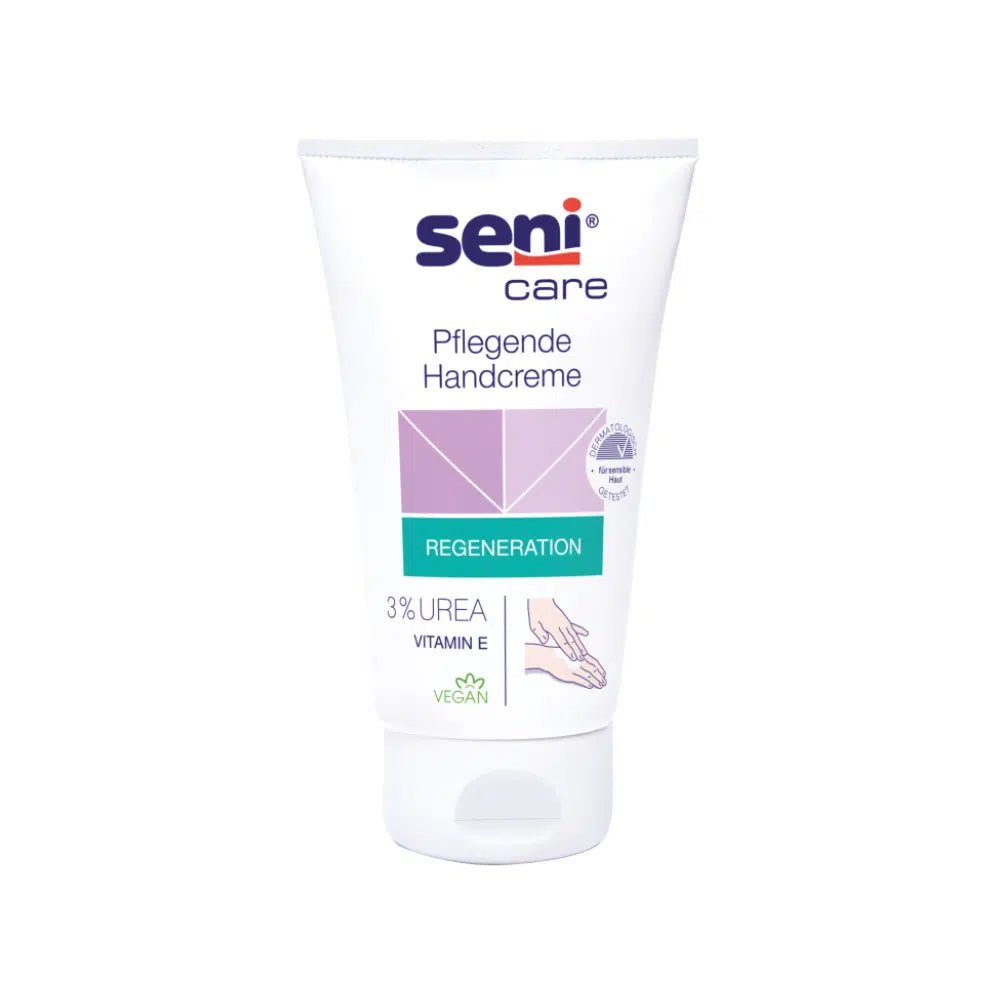 The image shows a tube of the nourishing hand cream Seni Care by TZMO Deutschland GmbH against a white background. The label highlights the attributes "Regeneration" and "Vegan" and emphasizes the 3% urea formula with Vitamin E for a moisturizing effect.