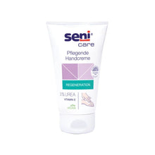 The image shows a tube of the nourishing hand cream Seni Care by TZMO Deutschland GmbH against a white background. The label highlights the attributes "Regeneration" and "Vegan" and emphasizes the 3% urea formula with Vitamin E for a moisturizing effect.